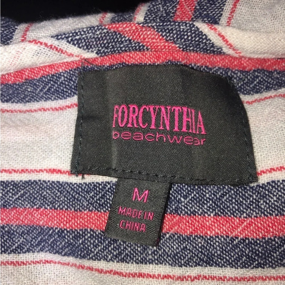 For Cynthia Coverup M Striped Blue/Red/White Pockets Hooded  Boho Hippy - Picture 2 of 10